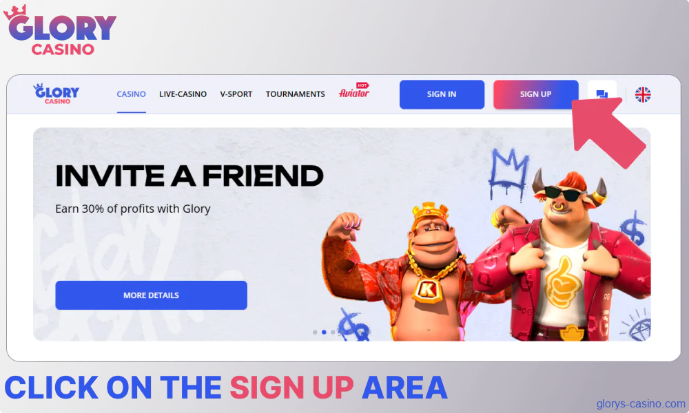 Click on the Sign Up area on Glory Casino