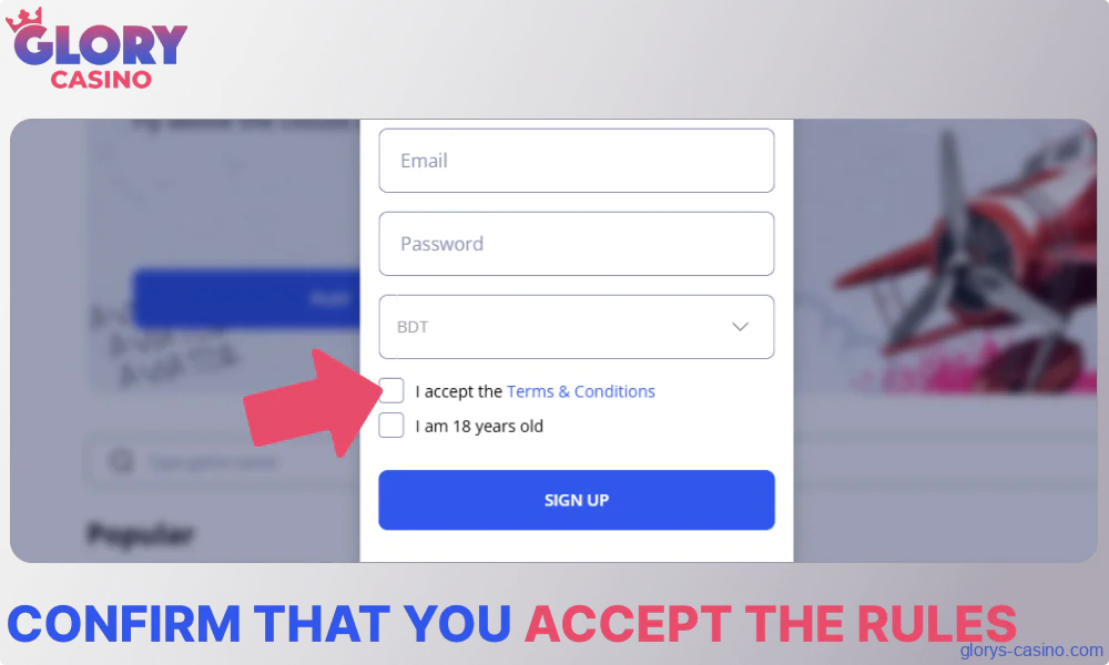Confirm that you accept the Glory Casino rules
