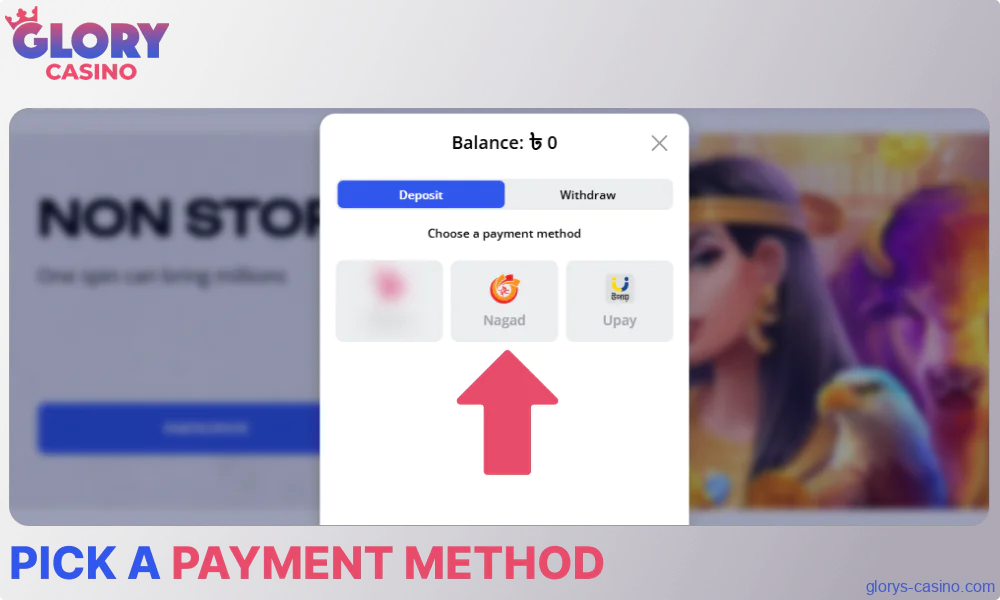 Pick a payment method on Glory Casino